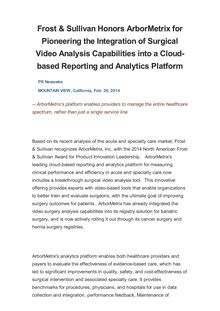 Frost & Sullivan Honors ArborMetrix for Pioneering the Integration of Surgical Video Analysis Capabilities into a Cloud-based Reporting and Analytics Platform
