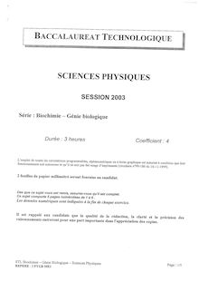 Sciences physiques 2003 S.T.L (Biochimie et génie biologique) Baccalauréat technologique