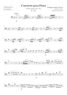 Partition violoncelles / Bases, Piano Concerto No.20, D minor, Mozart, Wolfgang Amadeus
