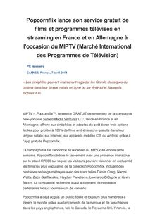 Popcornflix lance son service gratuit de films et programmes télévisés en streaming en France et en Allemagne à l occasion du MIPTV (Marché International des Programmes de Télévision)