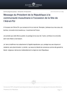 Message du Président de la République à la communauté musulmane à l occasion de la fête de l Aïd-el-Fitr