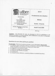 UTBM 2004 ge01 fondements de la gestion semestre 2 partiel