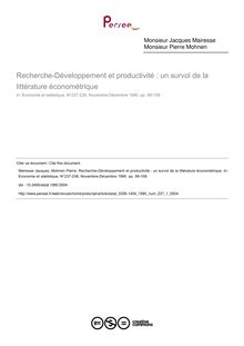 Recherche-Développement et productivité : un survol de la littérature économétrique - article ; n°1 ; vol.237, pg 99-108
