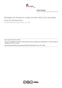 Stratégies de réussite et modes de faire-valoir de la sociologie chez les durkheimiens - article ; n°1 ; vol.20, pg 49-82