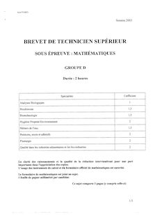 Mathématiques 2003 BTS Biotechnologie