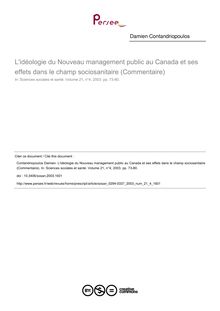 L idéologie du Nouveau management public au Canada et ses effets dans le champ sociosanitaire (Commentaire) - article ; n°4 ; vol.21, pg 73-80
