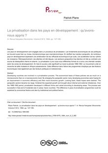 La privatisation dans les pays en développement : qu avons-nous appris ? - article ; n°2 ; vol.9, pg 147-185