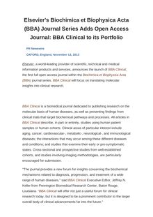 Elsevier s Biochimica et Biophysica Acta (BBA) Journal Series Adds Open Access Journal: BBA Clinical to its Portfolio