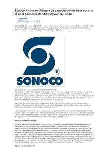 Sonoco Alcore se chargera de la production de base sur site et de la gestion à Mondi Syktyvkar en Russie