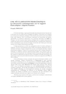 UNE ÉCULARISATION PROBLÉMATIQUE La discussion contemporaine sur le rapport État religion Algérie Tunisie Franck FREGOSI