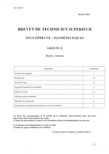 Mathématiques 2002 BTS Bioanalyses et contrôles