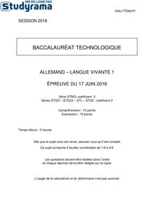 Sujet BACSTD2A Allemand LV1 2016