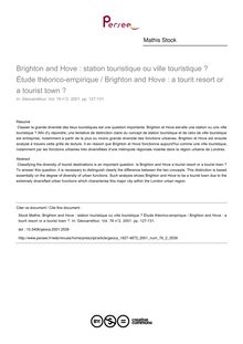 Brighton and Hove : station touristique ou ville touristique ? Étude théorico-empirique / Brighton and Hove : a tourit resort or a tourist town ? - article ; n°2 ; vol.76, pg 127-131