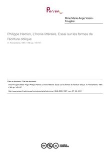 Philippe Hamon, L Ironie littéraire. Essai sur les formes de l écriture oblique  ; n°98 ; vol.27, pg 145-147