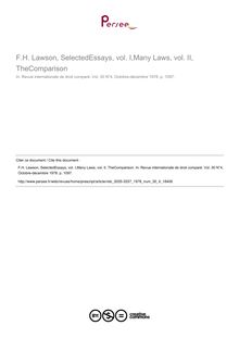 F.H. Lawson, SelectedEssays, vol. I,Many Laws, vol. II, TheComparison - note biblio ; n°4 ; vol.30, pg 1097-1097