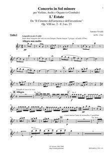 Partition violons I, violon Concerto en G minor, RV 315, L estate (Summer) from Le quattro stagioni (The Four Seasons) par Antonio Vivaldi