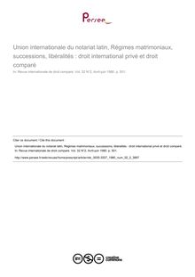 Union internationale du notariat latin, Régimes matrimoniaux, successions, libéralités : droit international privé et droit comparé - note biblio ; n°2 ; vol.32, pg 501-501