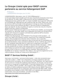 Le Groupe Lhoist opte pour BASF comme partenaire au service hébergement SAP