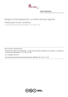 Religion et Développement. Le thème de leurs rapports réciproques et ses variations - article ; n°1 ; vol.12, pg 3-34