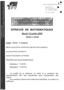 Mathématiques 2005 IEP Lille - Sciences Po Lille