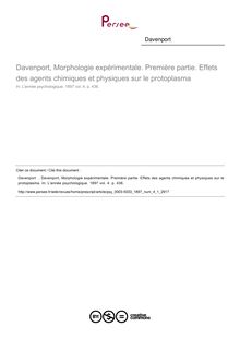 Davenport, Morphologie expérimentale. Première partie. Effets des agents chimiques et physiques sur le protoplasma - compte-rendu ; n°1 ; vol.4, pg 436-436