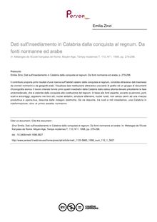 Dati sull insediamento in Calabria dalla conquista al regnum. Da fonti normanne ed arabe - article ; n°1 ; vol.110, pg 279-298