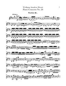 Partition violons II, Piano Concerto No.26, Krönungskonzert ; Coronation Concerto par Wolfgang Amadeus Mozart