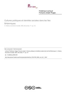 Cultures politiques et identités sociales dans les îles Britanniques - article ; n°1 ; vol.24, pg 3-4