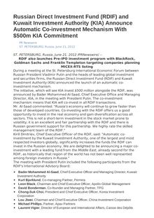 Russian Direct Investment Fund (RDIF) and Kuwait Investment Authority (KIA) Announce Automatic Co-investment Mechanism With $500m KIA Commitment