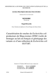Caractérisation de souches de Escherichia coli producteurs de Shiga-toxines (STEC) isolés de fromages au lait cru français et génotypage des variants stx d une collection de Escherichia coli  O157:H7. 