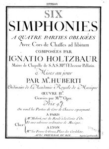 Partition cor 1, 6 Symphonies, Six simphonies à quatre parties obligées avec cors de chasses ad libitum