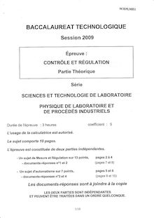 Contrôle et régulation 2009 S.T.L (Physique de laboratoire et de procédés industriels) Baccalauréat technologique