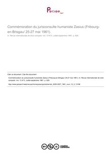 Commémoration du jurisconsulte humaniste Zasius (Fribourg-en-Brisgau/ 25-27 mai 1961). - compte-rendu ; n°3 ; vol.13, pg 629-629