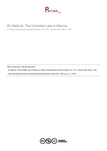 M. Hasluck, The Unwritten Law in Albania - note biblio ; n°1 ; vol.7, pg 239-239