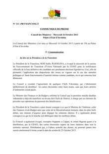 Communique de presse : Conseil des Ministres – Mercredi 16 Octobre 2013 Palais d’Etat d’Iavoloha