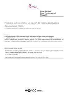 Prélude à la Perestroïka. Le rapport de Tatiana Zaslavskaïa (Novossibirsk, 1983). - article ; n°1 ; vol.38, pg 90-104