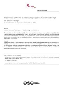Histoire du sikhisme et littérature panjabie : Rana Surat Singh de Bhai Vir Singh - article ; n°1 ; vol.213, pg 39-73