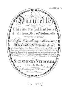 Partition clarinette en B♭, quintette, Op.8, Quintet for Clarinet (or Oboe) 2 Violins, Viola, and Cello, Op.8