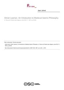 Olivier Leaman. An Introduction to Medieval Islamic Philosophy  ; n°1 ; vol.204, pg 98-99