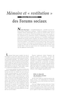 Mémoire et « restitution » des Forums sociaux - article ; n°1 ; vol.79, pg 63-67