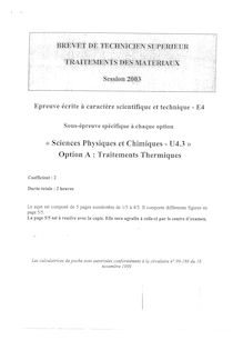Sciences physiques et chimiques 2003 Traitements de surfaces BTS Traitement des matériaux