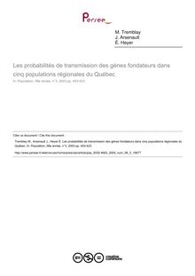 Les probabilités de transmission des gènes fondateurs dans cinq populations régionales du Québec - article ; n°3 ; vol.58, pg 403-423