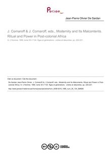 J. Comaroff & J. Comaroff, eds., Modernity and Its Malcontents. Ritual and Power in Post-colonial Africa  ; n°134 ; vol.35, pg 220-221