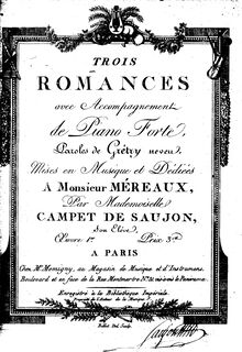 Partition , Les Regrets, Trois Romances, Campet de Saujon, Marie-Charlotte Hippolyte de