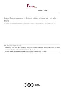 Isaac Habert, Amours et Baisers édition critique par Nathalie Mahé  ; n°1 ; vol.50, pg 178-181