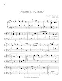 Partition Chaconne du 6e Ton en A, Pièces de clavecin du manuscrit Bauyn