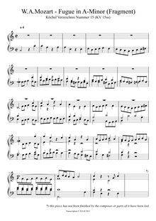 Partition Fugue pour 4 voix en A minor, K.15ss (Fragment), pour London Sketchbook