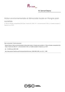 Action environnementale et démocratie locale en Hongrie post-socialiste - article ; n°1 ; vol.36, pg 33-61