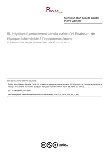 Irrigation et peuplement dans la plaine d Aï Khanoum, de l époque achéménide à l époque musulmane - article ; n°1 ; vol.63, pg 59-110