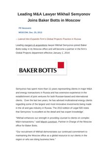 Leading M&A Lawyer Mikhail Semyonov Joins Baker Botts in Moscow
